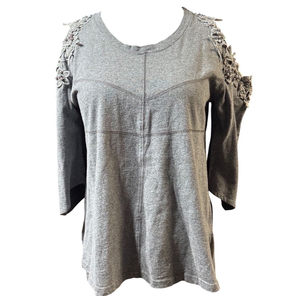 Pretty Angel Cold Shoulder Top Womens Large Lace Pearl Linen Blend Gray
